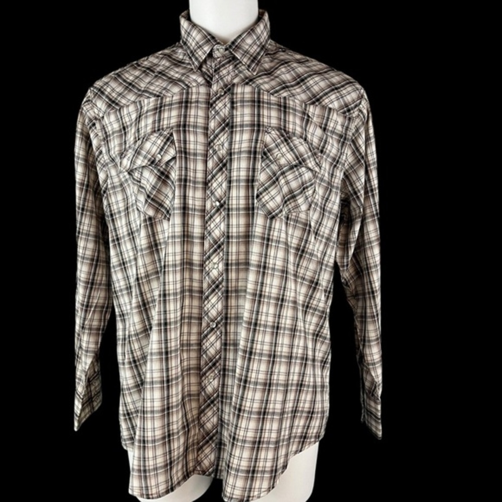 Wrangler Wrancher Shirt Mens 2XL Long Sleeve Brown White Pearl Snap Button (432)